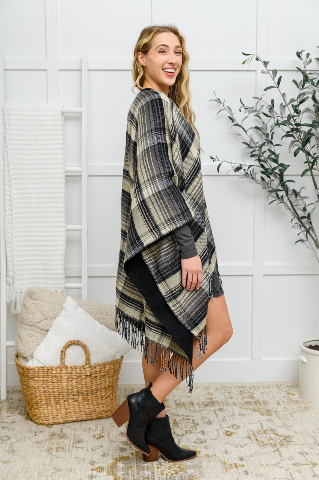 Plaid Fringe Trimmed Open Poncho in Black