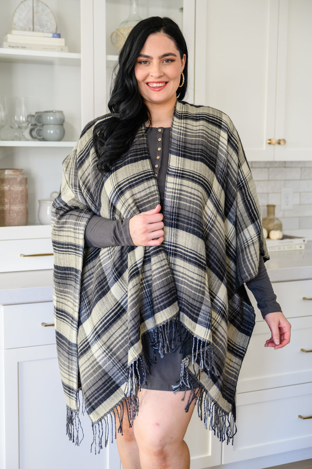 Plaid Fringe Trimmed Open Poncho in Black