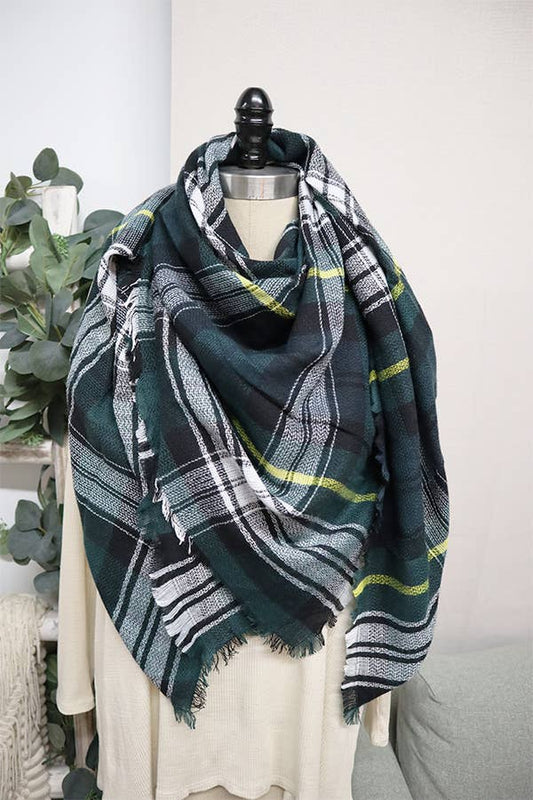 Green/White Plaid Oversized Blanket Scarves